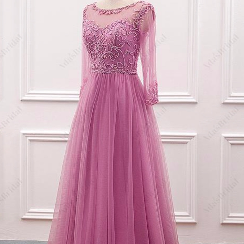 Tulle & Satin Jewel Neckline Illusion Sleeves